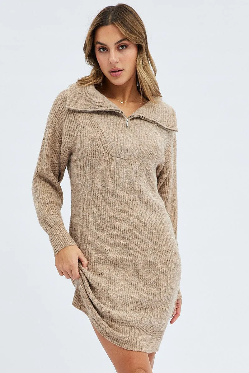 Camel Knit Dress Long Sleeve Turtleneck Zip sold by Ally Fashion