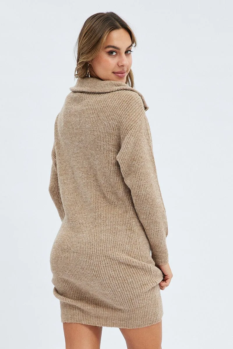 Camel Knit Dress Long Sleeve Turtleneck Zip sold by Ally Fashion product image thumbnail 5