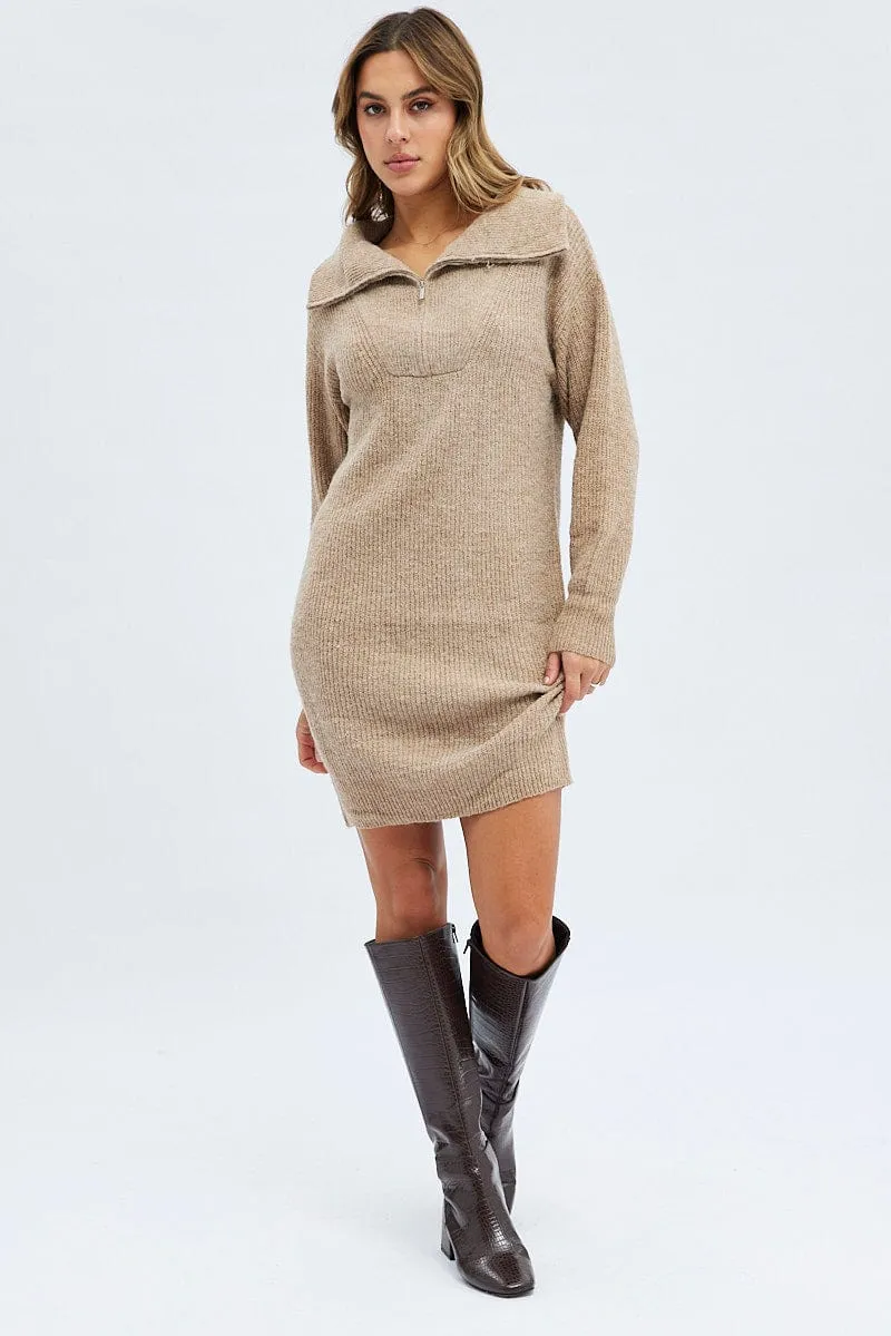 Camel Knit Dress Long Sleeve Turtleneck Zip sold by Ally Fashion product image thumbnail 2