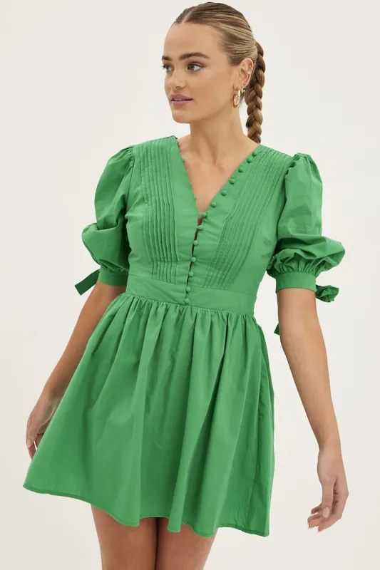 Green Button Dress Puff Sleeve V Neck Cotton sold by Ally Fashion