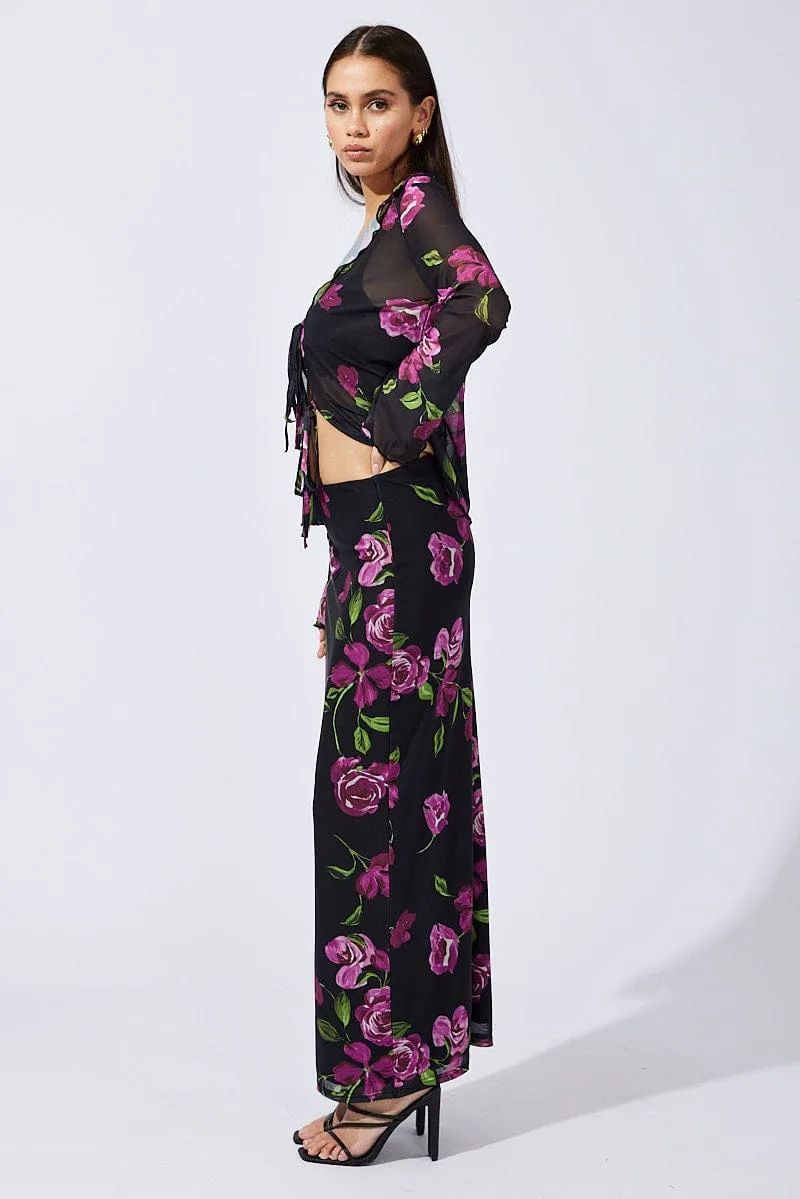 Black Floral Maxi Skirt High Rise Mesh sold by Ally Fashion product image thumbnail 4
