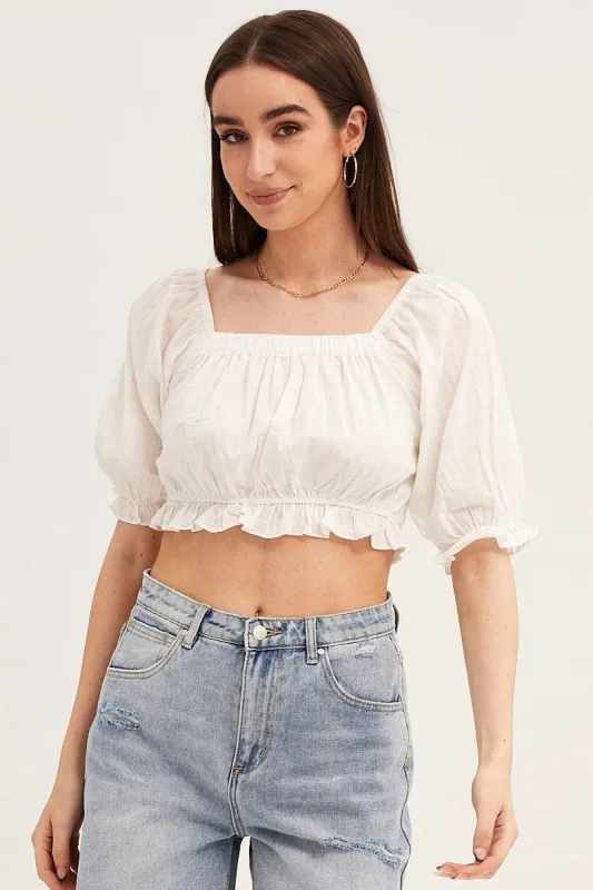White Crop Top Puff Sleeve Frill Edge sold by Ally Fashion