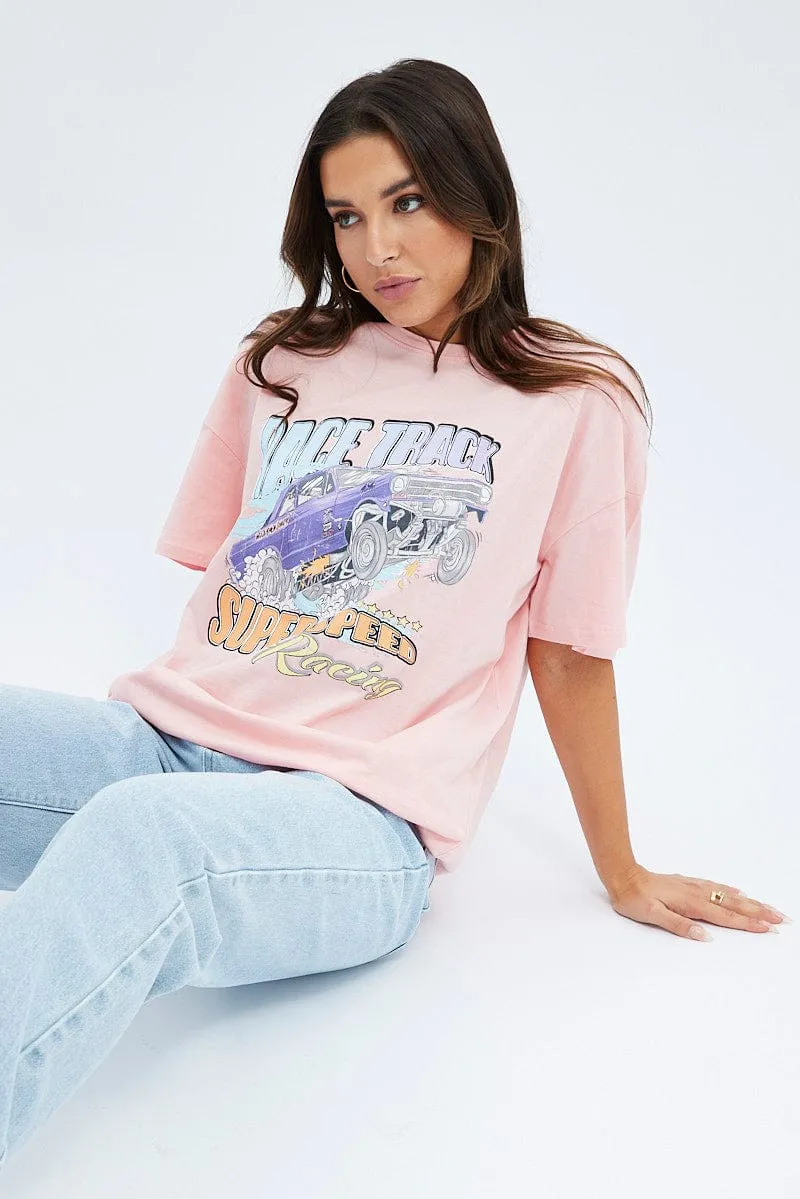 Pink Graphic Tee Short Sleeve Round Neck Print Jersey sold by Ally Fashion