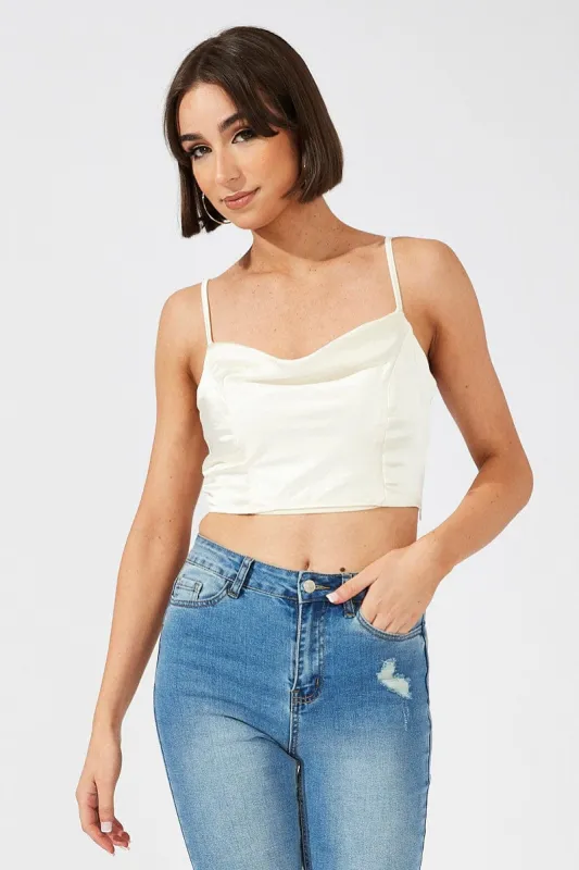 White Cami Top Sleeveless Cowl Neck Crop Satin sold by Ally Fashion