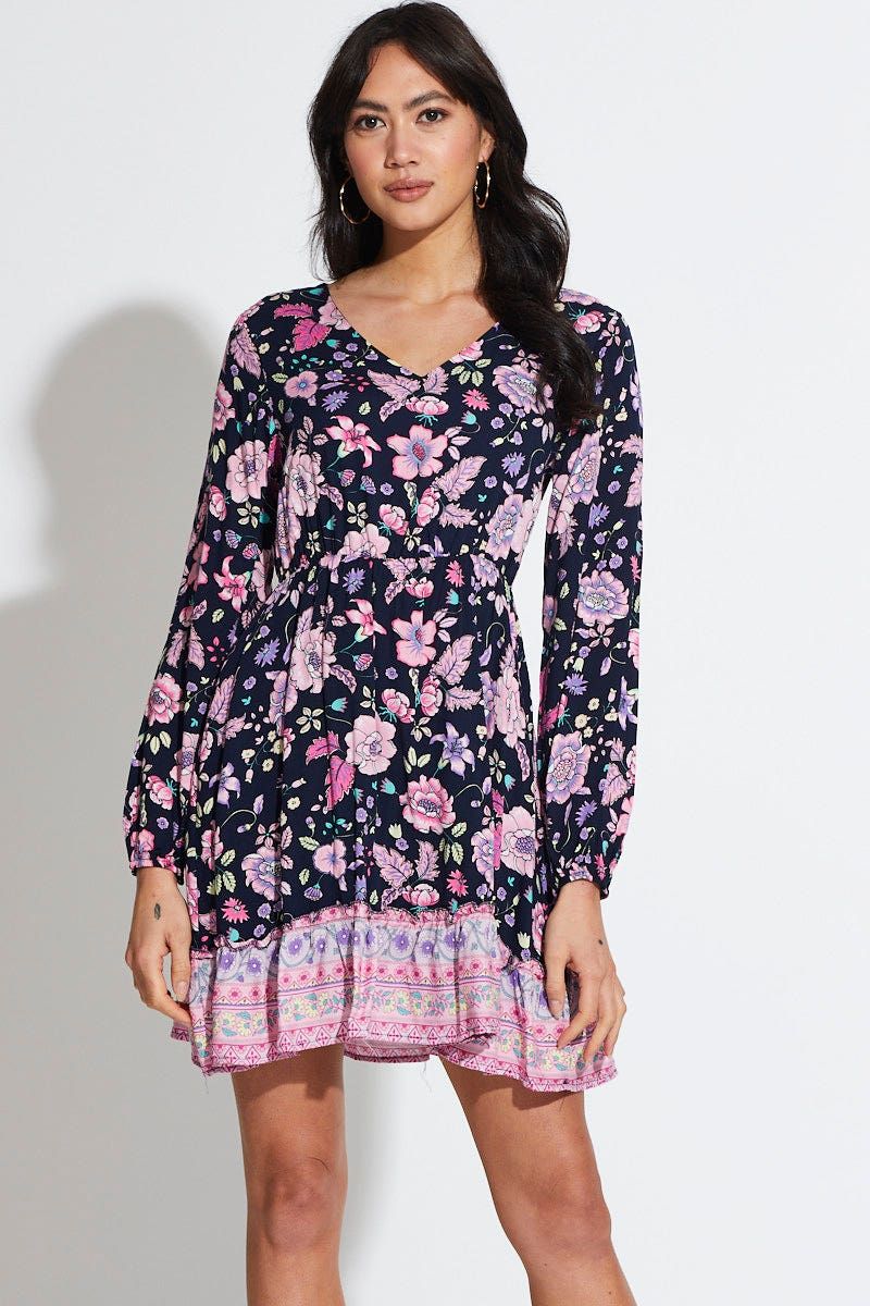 Boho Print Mini Dress Long Sleeve V Neck sold by Ally Fashion