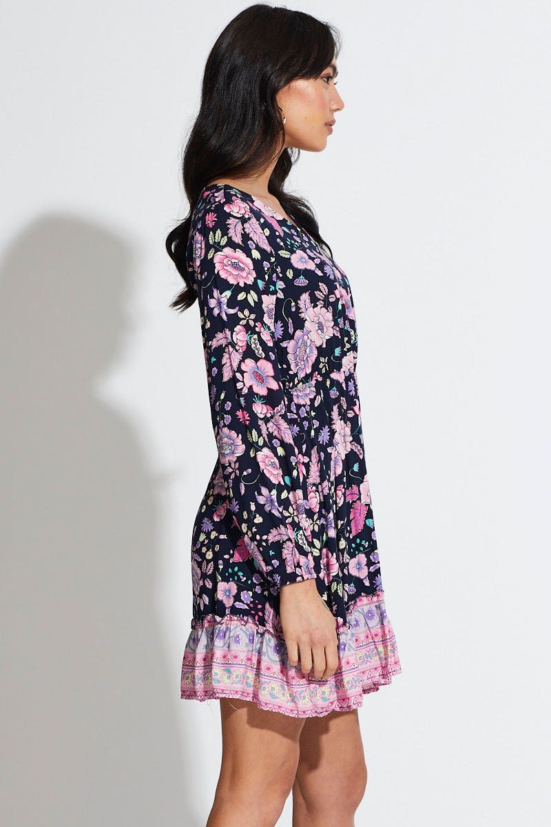 Boho Print Mini Dress Long Sleeve V Neck sold by Ally Fashion product image thumbnail 3