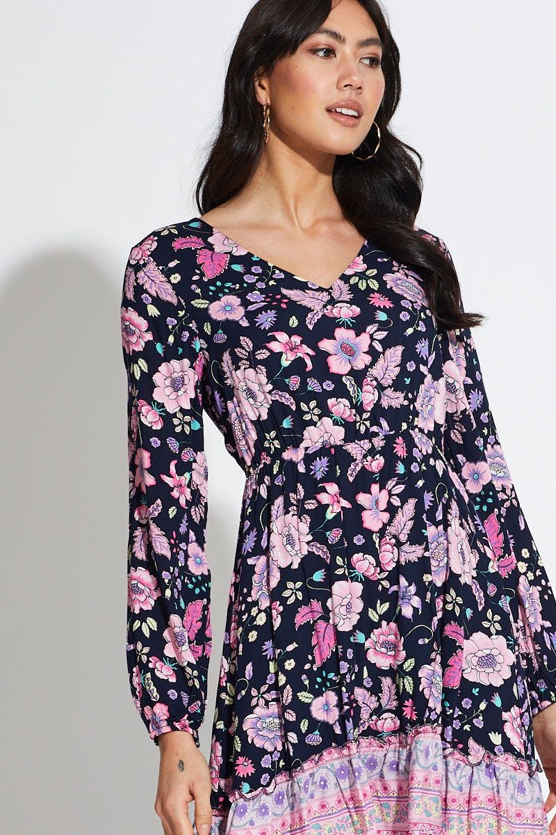 Boho Print Mini Dress Long Sleeve V Neck sold by Ally Fashion product image thumbnail 5