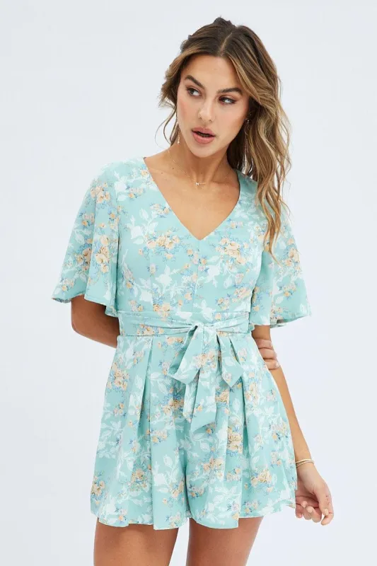 Floral Print Wing Sleeve Floral Playsuit sold by Ally Fashion