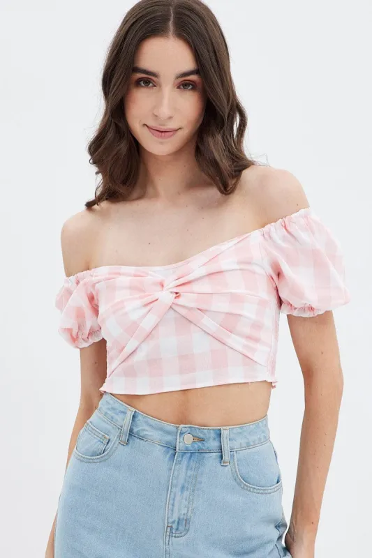 Pink Check Gingham Twist Front Crop Top sold by Ally Fashion