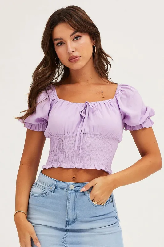 Purple Crop Top Short Sleeve Shirred Waist sold by Ally Fashion