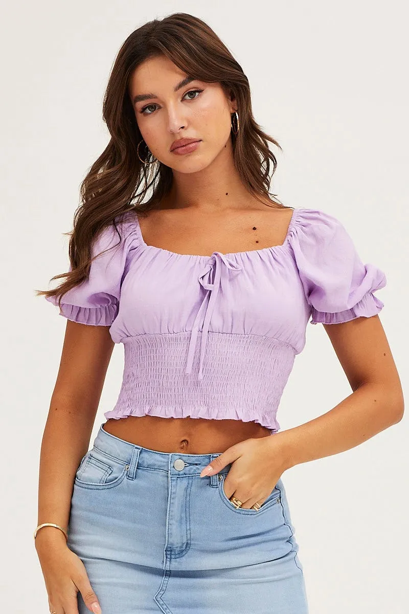 Purple Crop Top Short Sleeve Shirred Waist sold by Ally Fashion product image thumbnail 3