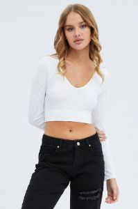 White Top Long sleeve V neck Seamless sold by Ally Fashion