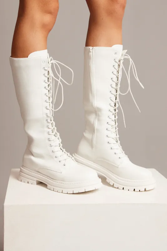 White Knee High Chunky Lace Up Boots sold by Ally Fashion