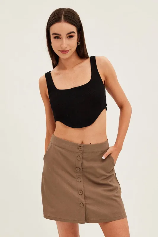 Brown Linen Blend Button Front Mini Skirt sold by Ally Fashion