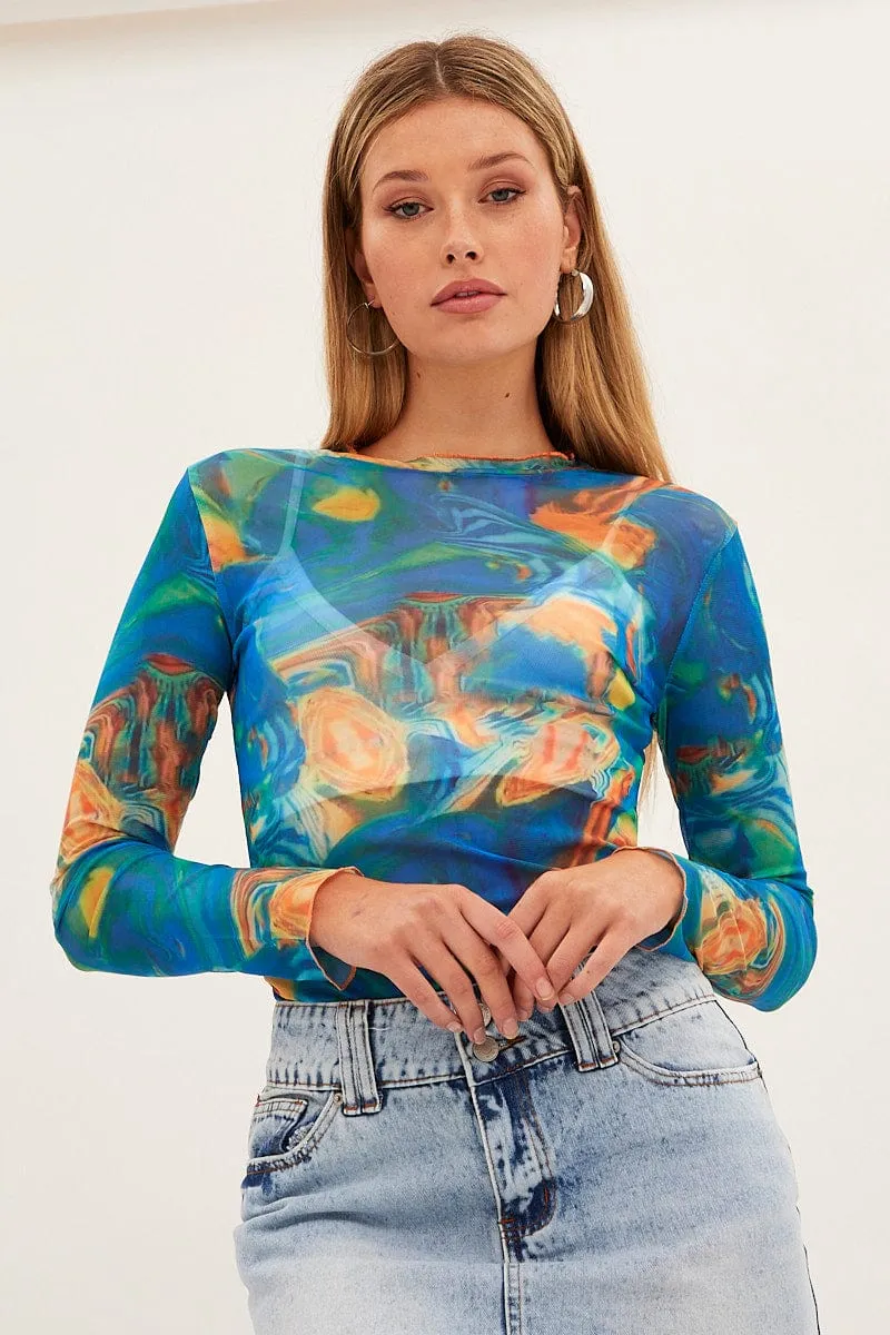 Blue Abstract Abstract Print Mesh Top sold by Ally Fashion product image thumbnail 3