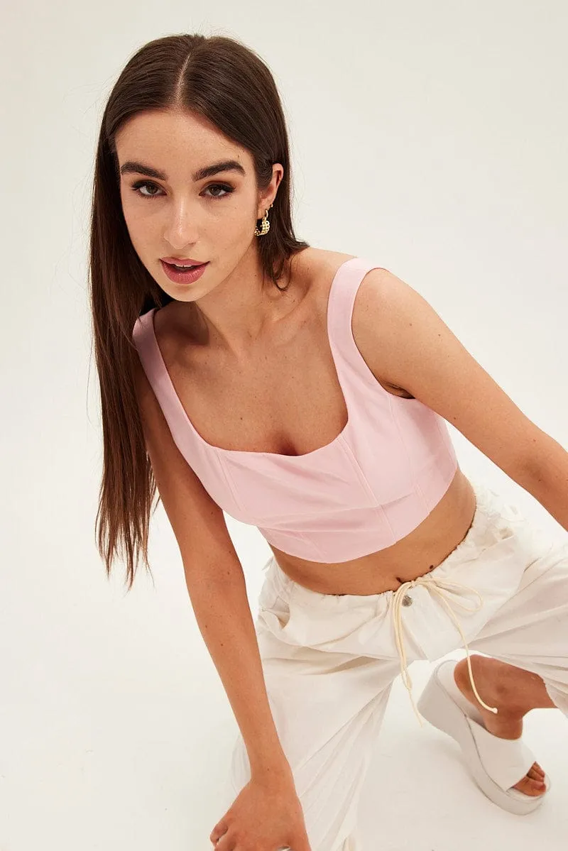 Pink Corset Top Shirred Back Sleeveless Crop Jersey sold by Ally Fashion