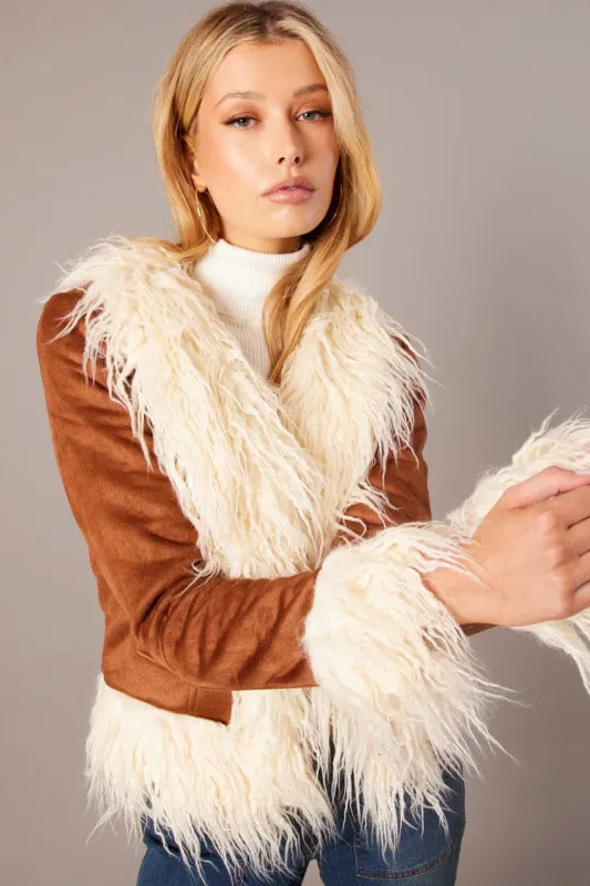 Brown Faux Fur Jacket Long Sleeves sold by Ally Fashion