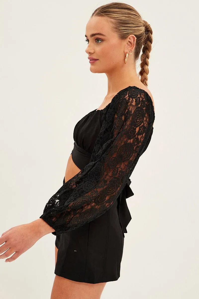 Black Crop Top Long Sleeve Sweetheart Neckline Lace sold by Ally Fashion product image thumbnail 4