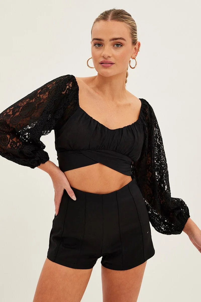 Black Crop Top Long Sleeve Sweetheart Neckline Lace sold by Ally Fashion