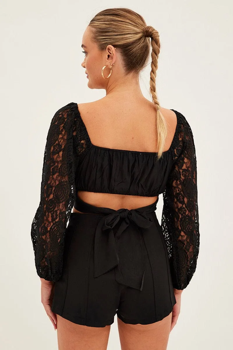 Black Crop Top Long Sleeve Sweetheart Neckline Lace sold by Ally Fashion product image thumbnail 5
