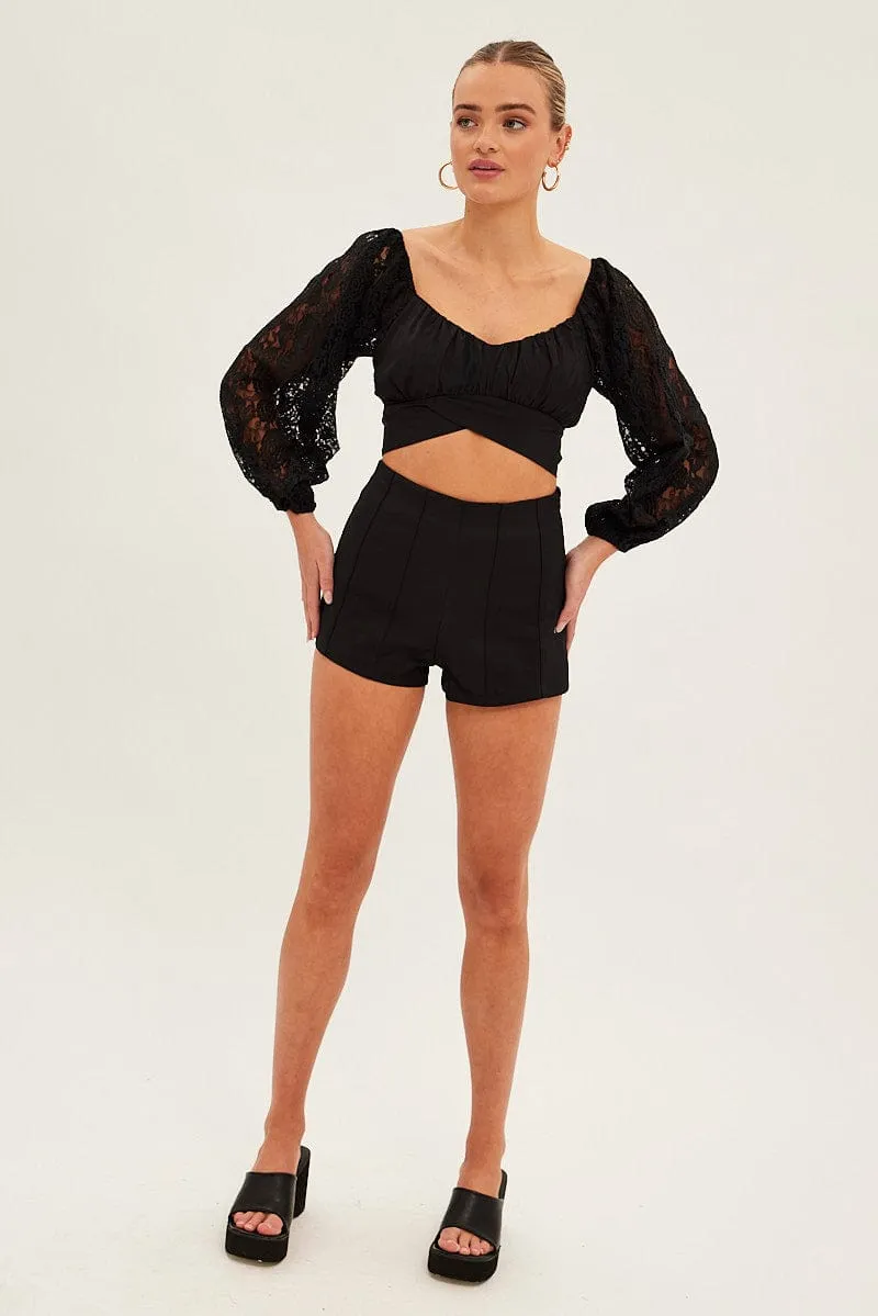 Black Crop Top Long Sleeve Sweetheart Neckline Lace sold by Ally Fashion product image thumbnail 2