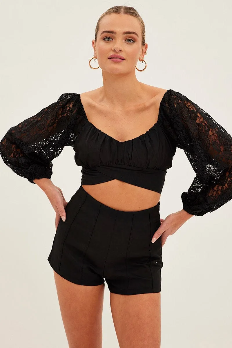 Black Crop Top Long Sleeve Sweetheart Neckline Lace sold by Ally Fashion product image thumbnail 3
