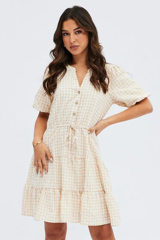 Camel Check Shirt Dress Short Sleeve Tiered sold by Ally Fashion