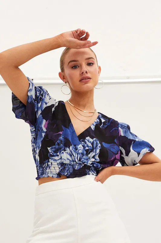 Floral Print Short Sleeve Floral Print V-Neck Crop Top sold by Ally Fashion