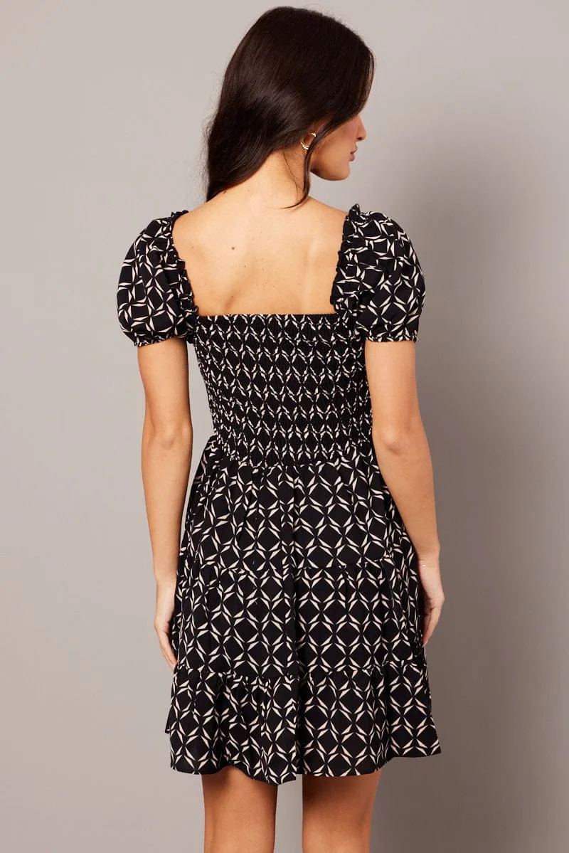 Black Geo Fit And Flare Dress Puff Sleeve sold by Ally Fashion product image thumbnail 5
