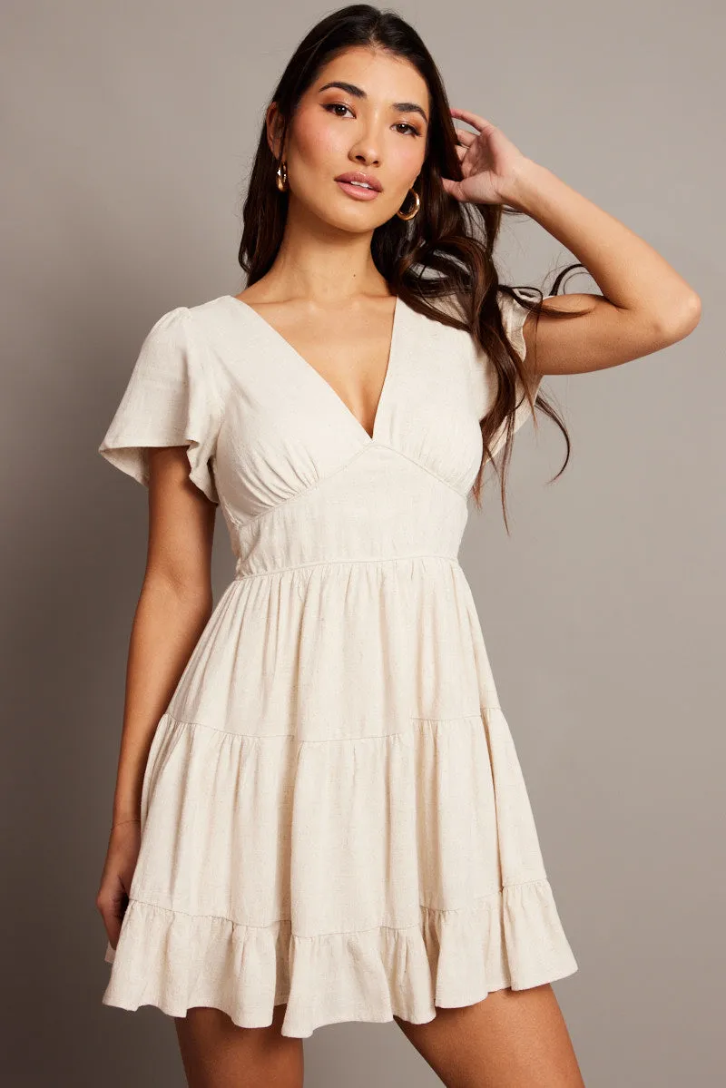 Beige Fit And Flare Dress V-neck Mini sold by Ally Fashion