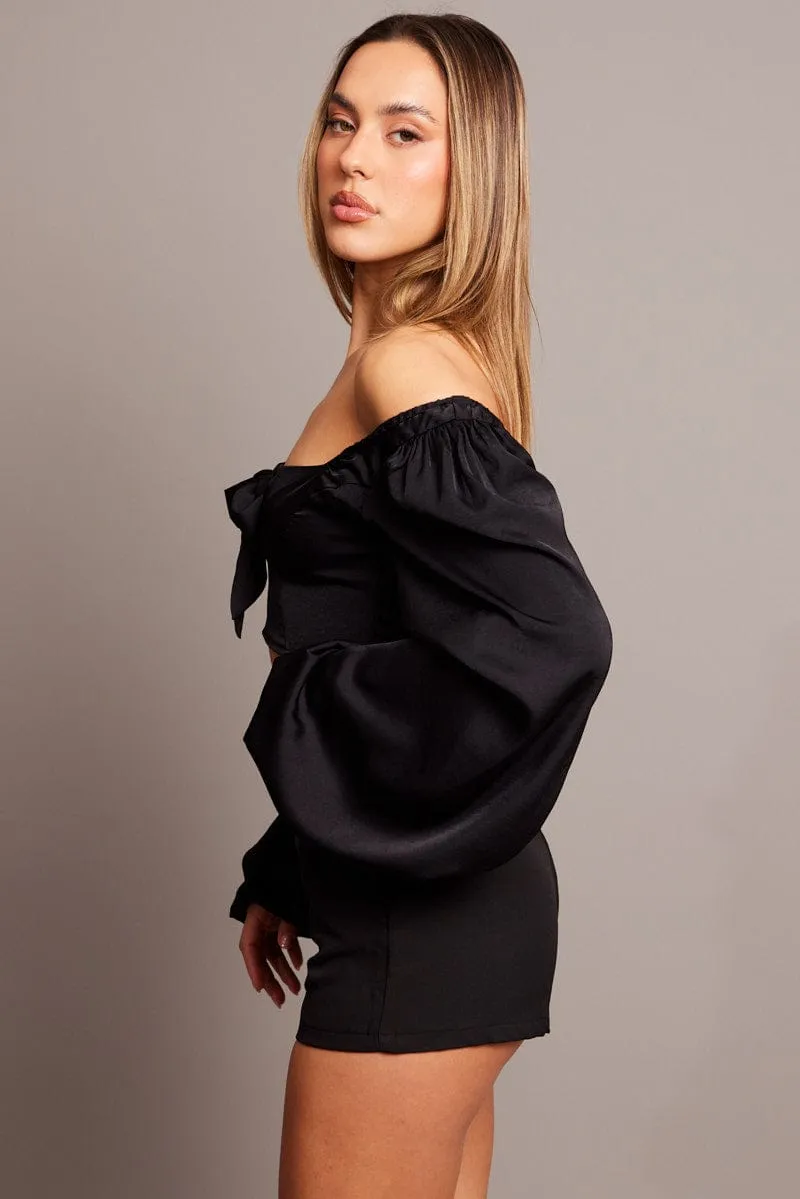 Black Bow Top Balloon Sleeve Satin Top sold by Ally Fashion product image thumbnail 4