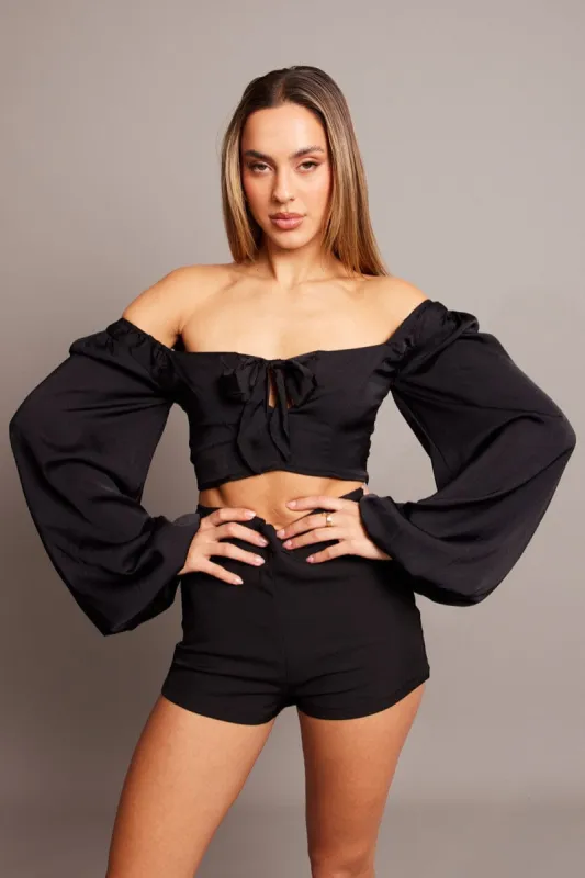 Black Bow Top Balloon Sleeve Satin Top sold by Ally Fashion