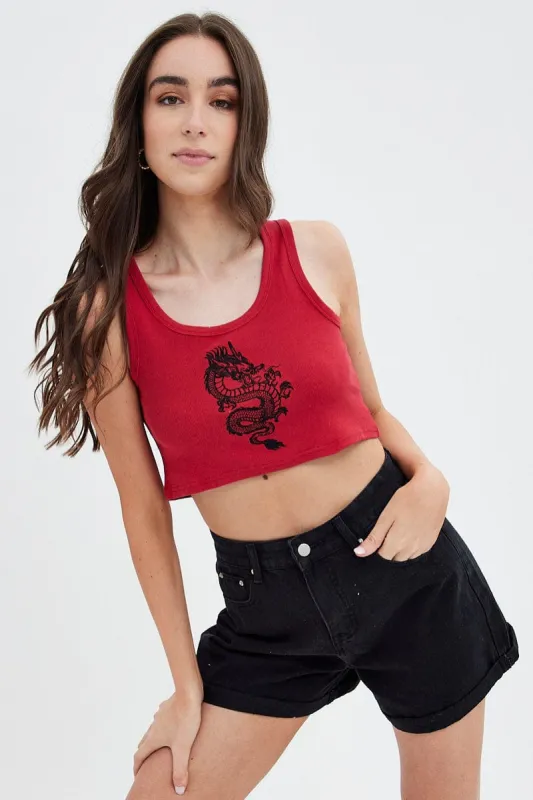 Red Rib Tank Top Dragon Embroidery sold by Ally Fashion