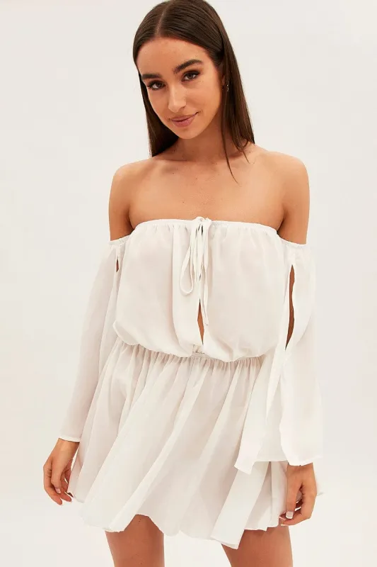 White Off Shoulder Skater Dress sold by Ally Fashion