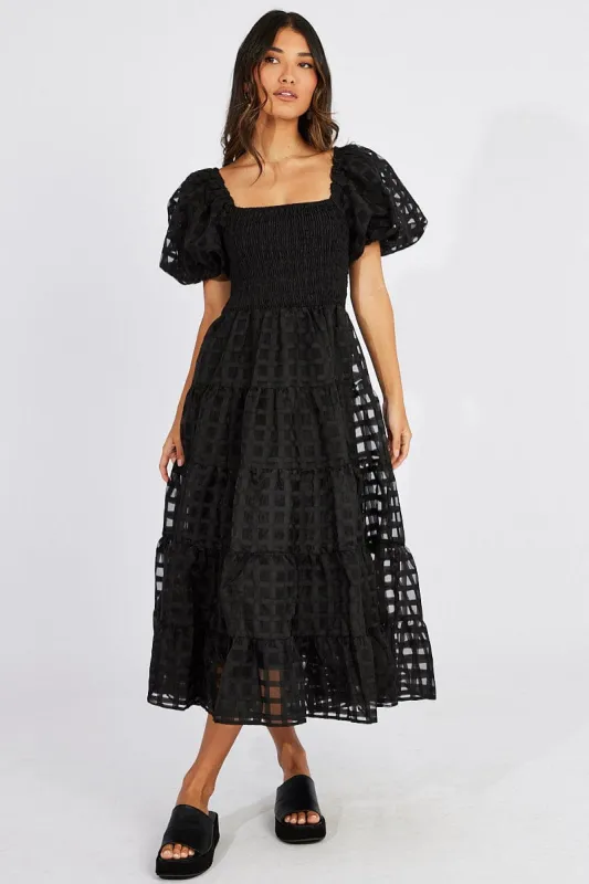 Black Midi Dress shirred Bust Puff Sleeve sold by Ally Fashion