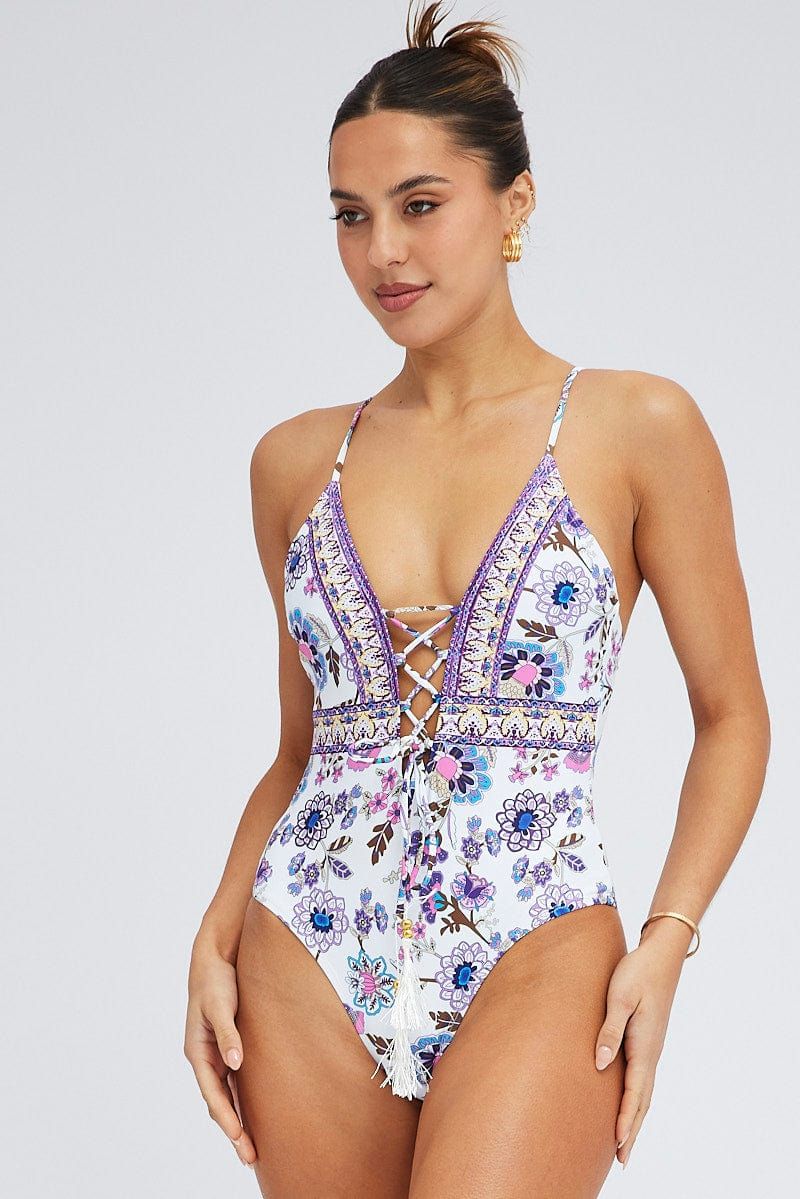 Purple Floral Tie Front One Piece Swimsuit sold by Ally Fashion product image thumbnail 3