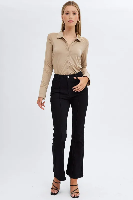 Black Flare Jeans Mid Rise Pintuck sold by Ally Fashion