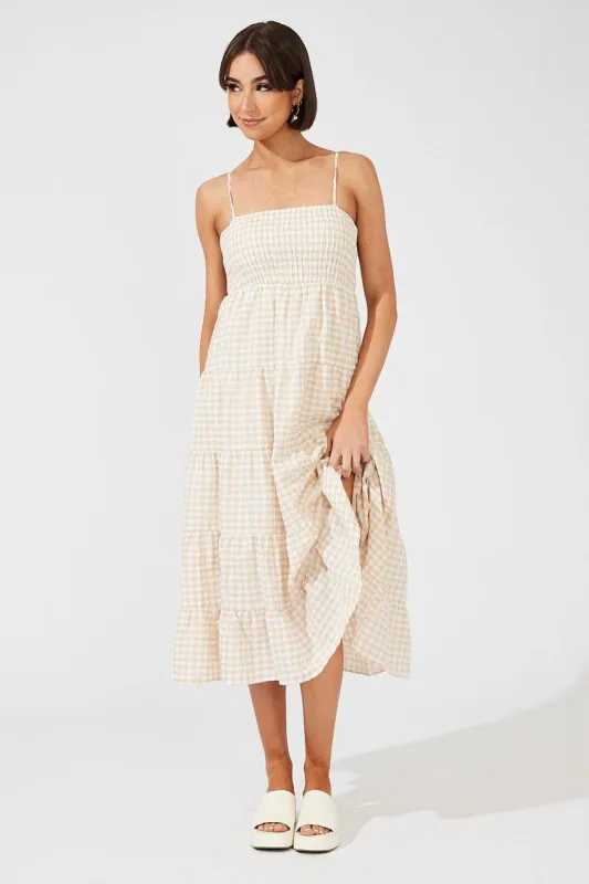 Beige Check Midi Dress Sleeveless Shirred sold by Ally Fashion