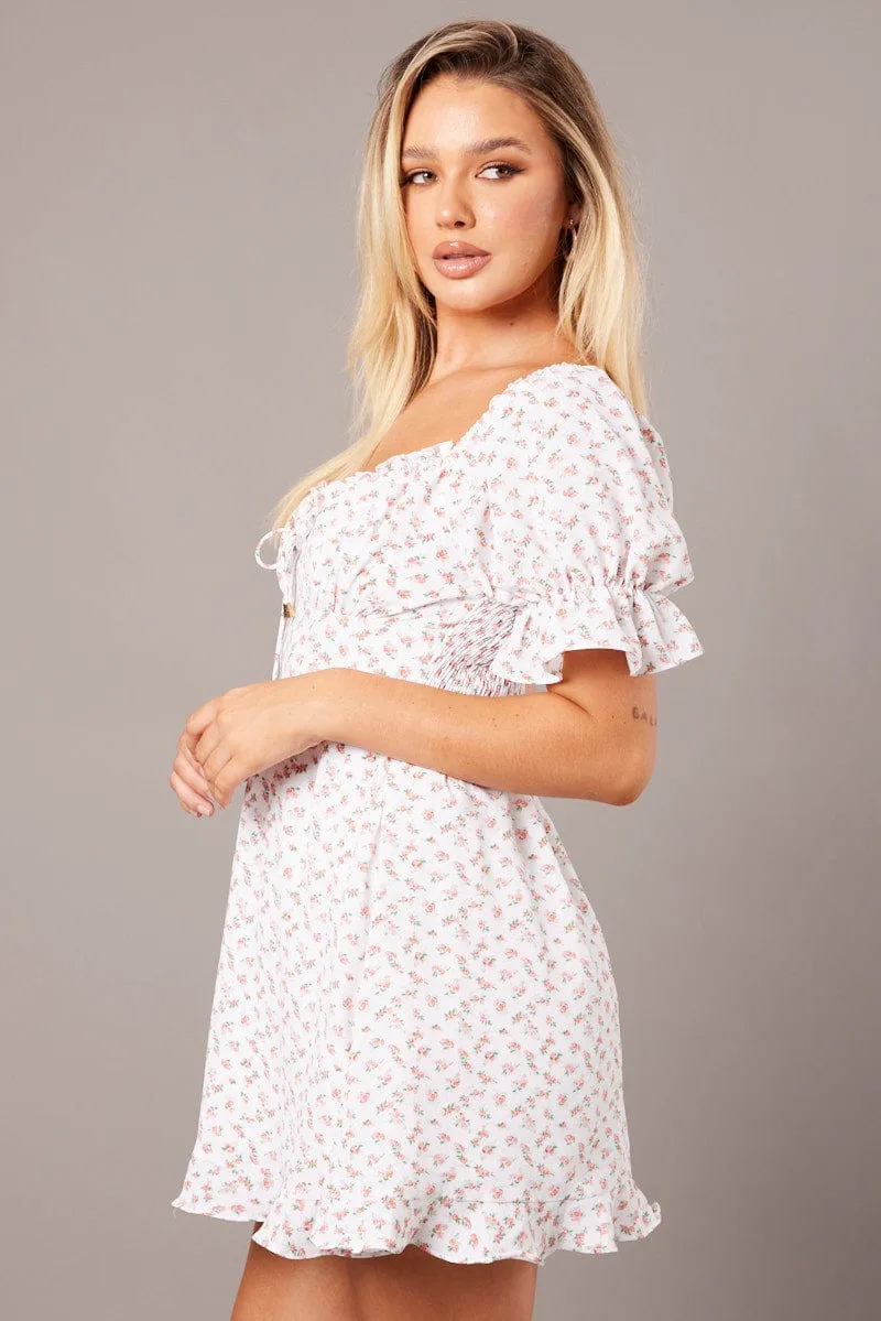 White Floral Fit And Flare Dress Puff Sleeve sold by Ally Fashion product image thumbnail 4