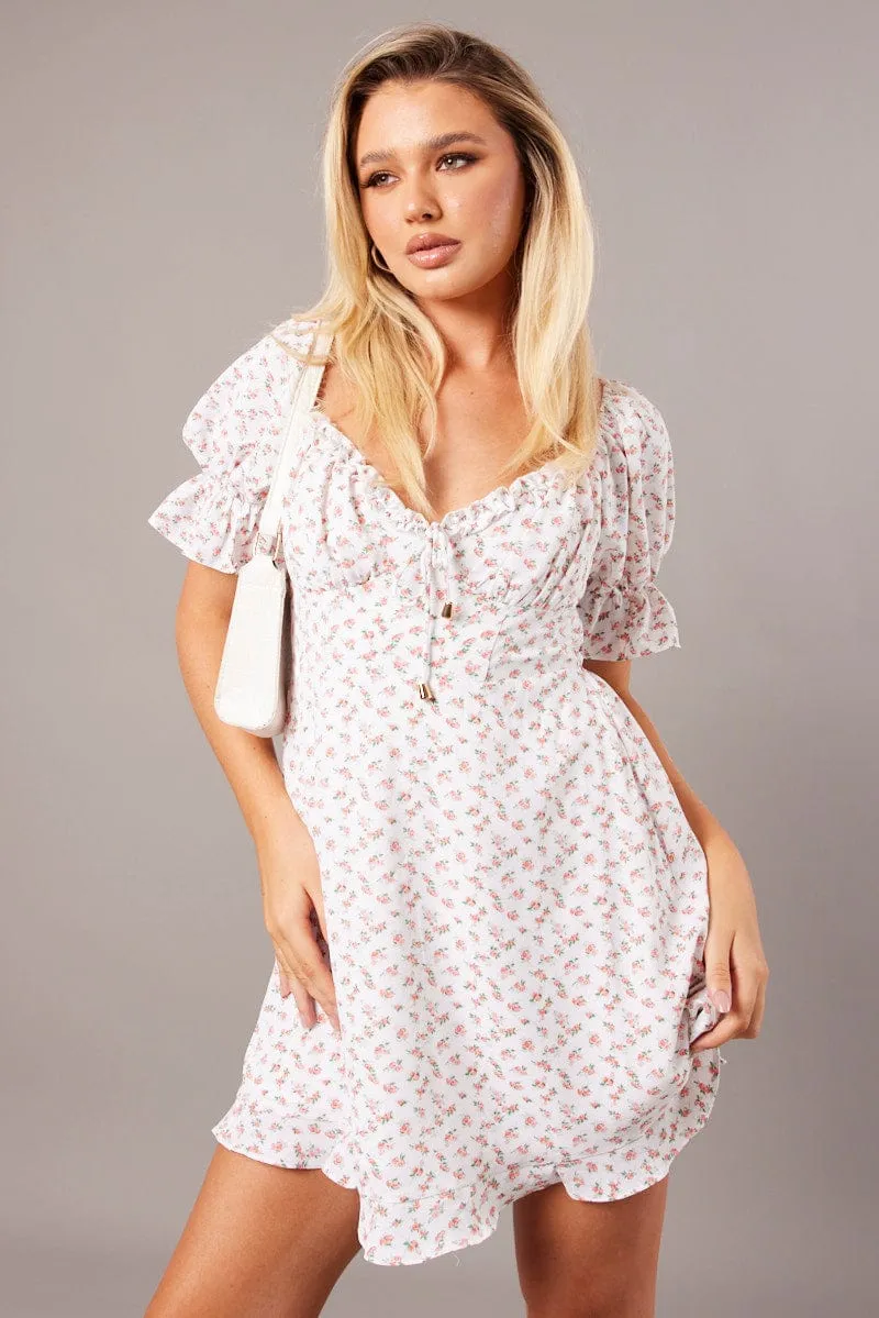 White Floral Fit And Flare Dress Puff Sleeve sold by Ally Fashion