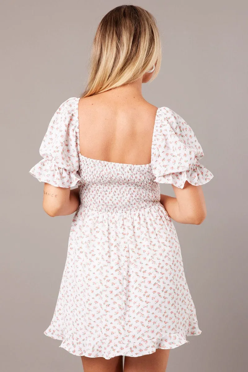 White Floral Fit And Flare Dress Puff Sleeve sold by Ally Fashion product image thumbnail 5