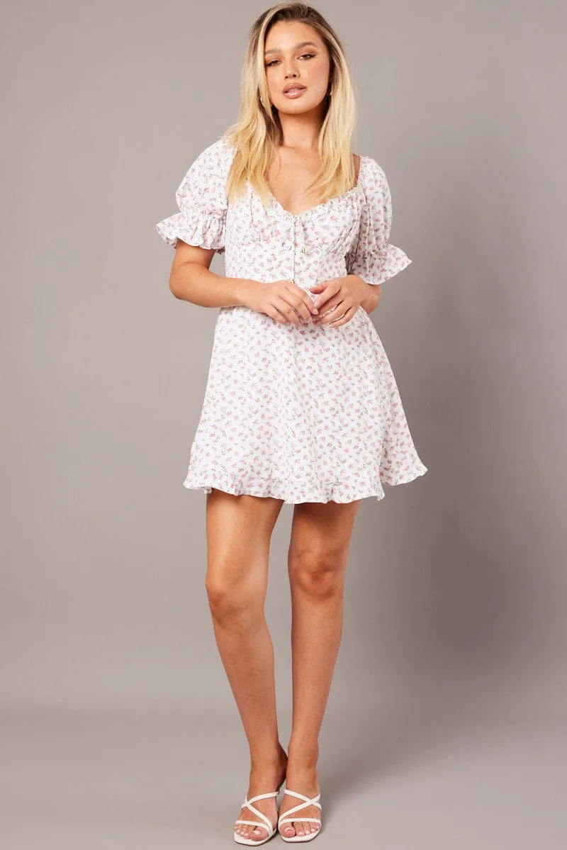 White Floral Fit And Flare Dress Puff Sleeve sold by Ally Fashion product image thumbnail 2