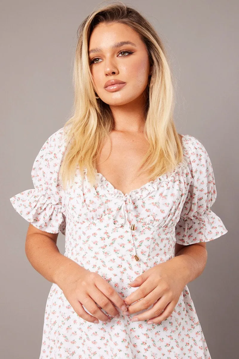 White Floral Fit And Flare Dress Puff Sleeve sold by Ally Fashion product image thumbnail 3