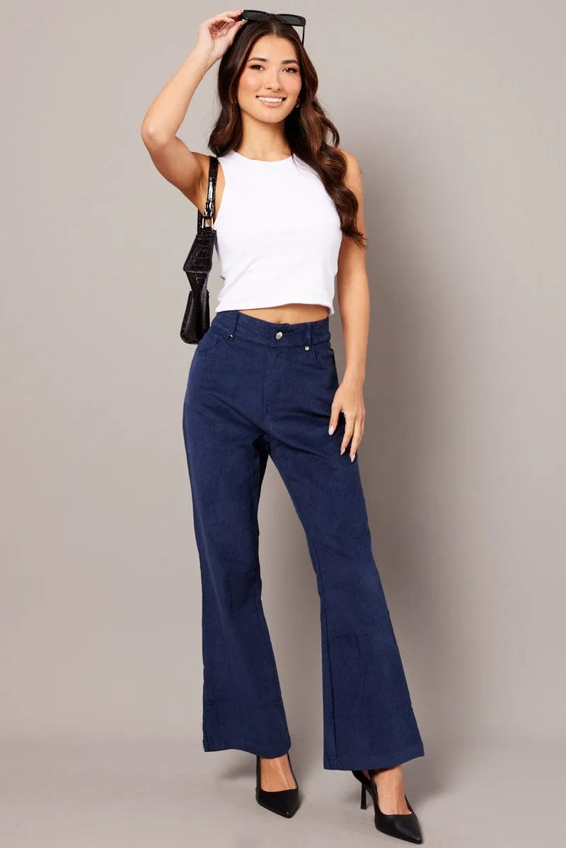 Blue Wide Leg Pants High Rise Corduroy sold by Ally Fashion