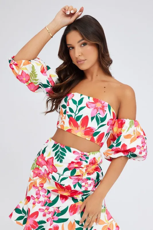 Multi Floral Crop Top Balloon Sleeve Corset Top sold by Ally Fashion