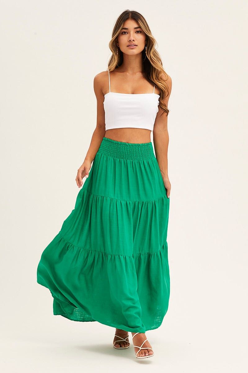 Green Tiered Skirt Maxi Linen Blend sold by Ally Fashion