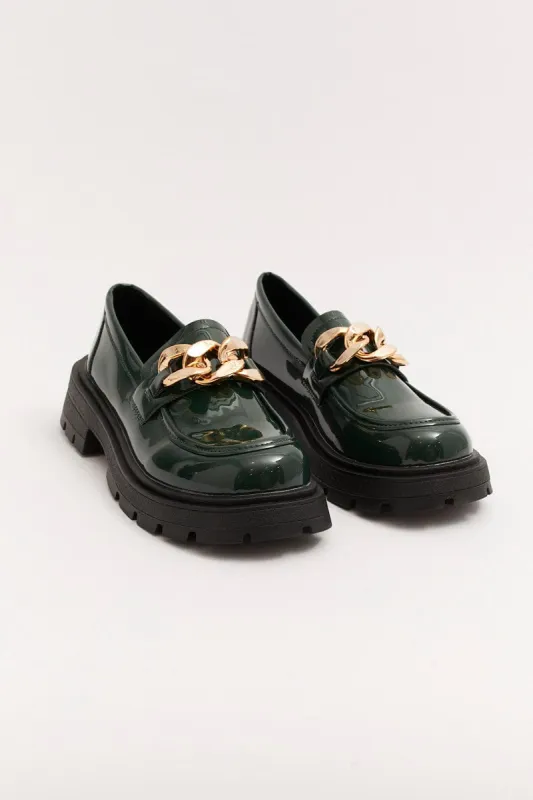 Green Chain Detail Chunky Sole Loafers In Patent sold by Ally Fashion