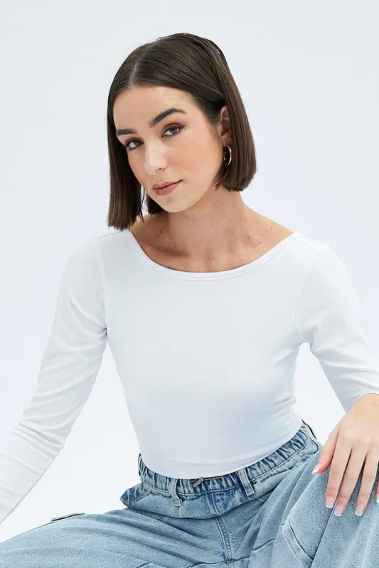 White Bodysuit Long Sleeve Crew Neck Rib sold by Ally Fashion