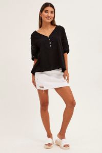 Black Lace Trim Top Half Sleeve V Neck Longline Cotton sold by Ally Fashion