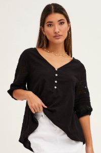 Black Lace Trim Top Half Sleeve V Neck Longline Cotton sold by Ally Fashion